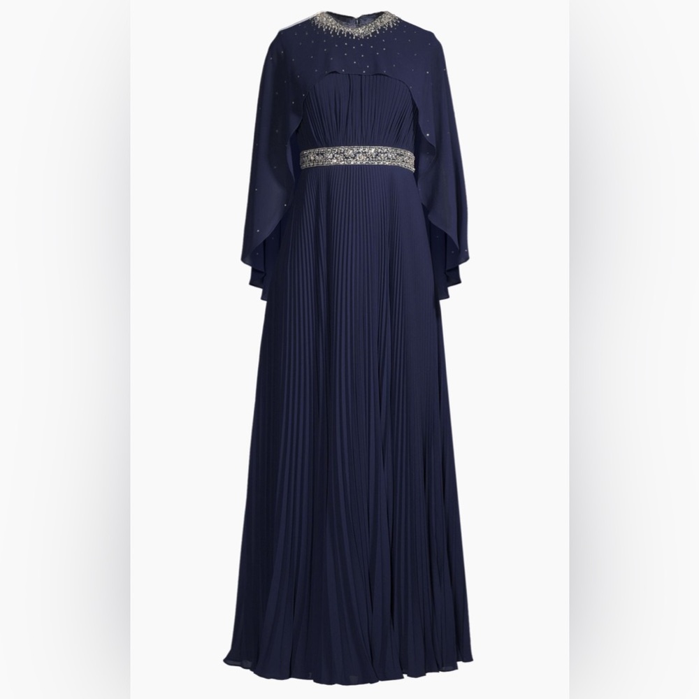 BASIX Embellished Chiffon Caplet Gown Maxi Platted Navy Dress